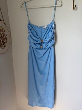 Viral torn by ronny kobo Blue Strapless Bodycon Midi Dress with Gold details